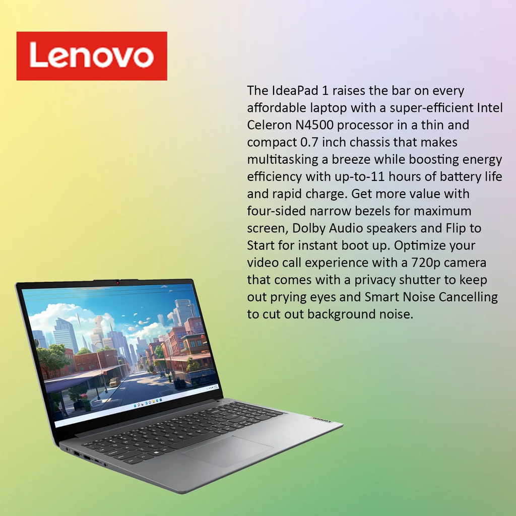 Lenovo Ideapad 1 Laptop, 15.6" FHD, Intel Processor, 8GB RAM, 128GB SSD + 128GB Emmc, Windows 11 Home, Grey