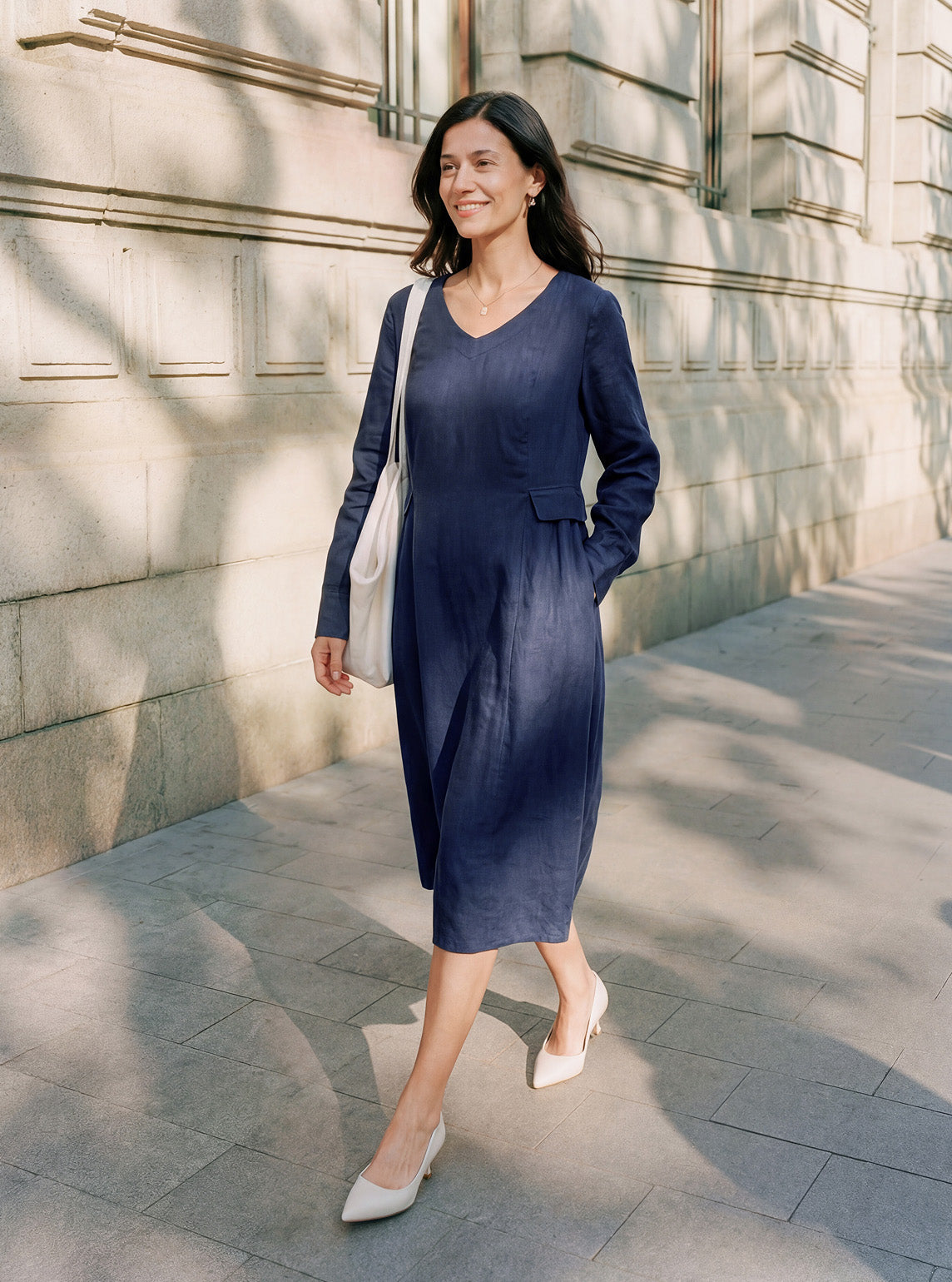 100% Linen Gathered Waist Flap Detail Midi Dress DIANA