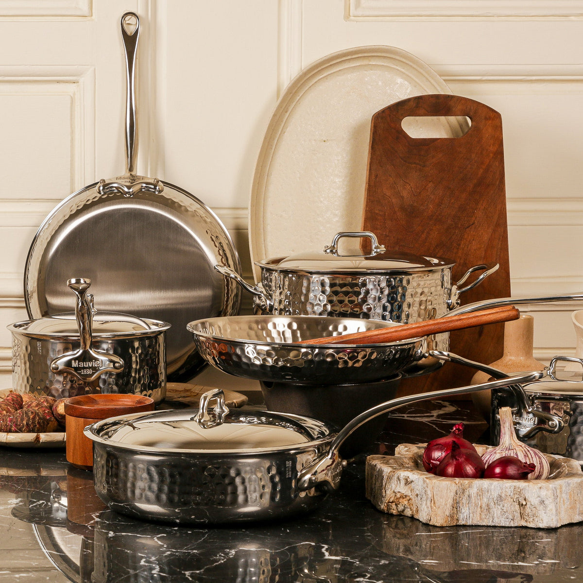 Mauviel 1830 M'ELITE Hammered 5-Ply Paella Pan With Cast Stainless Steel Handles