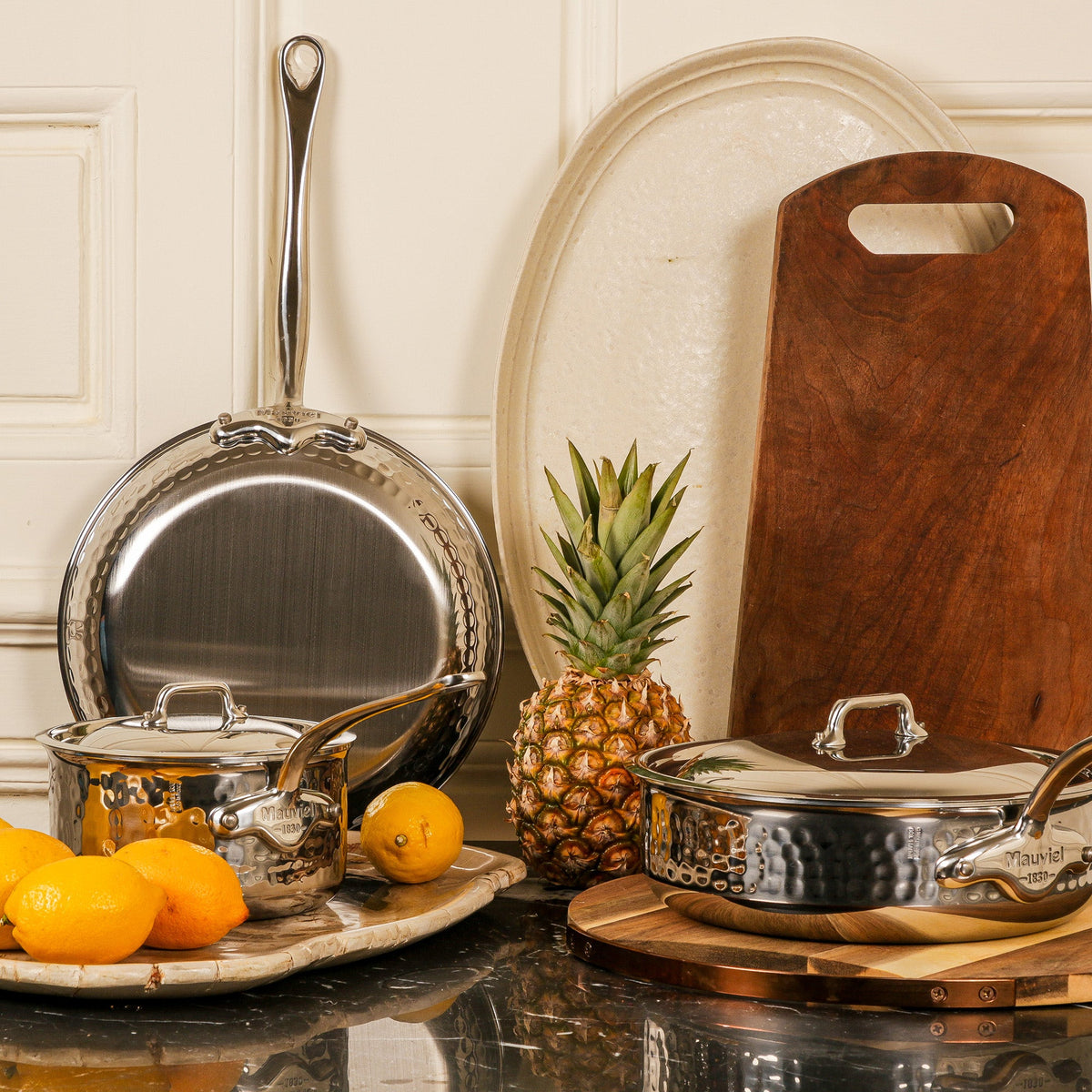 Mauviel 1830 M'ELITE Hammered 5-Ply 12-Piece Cookware Set With Cast Stainless Steel Handles And Curved Lid