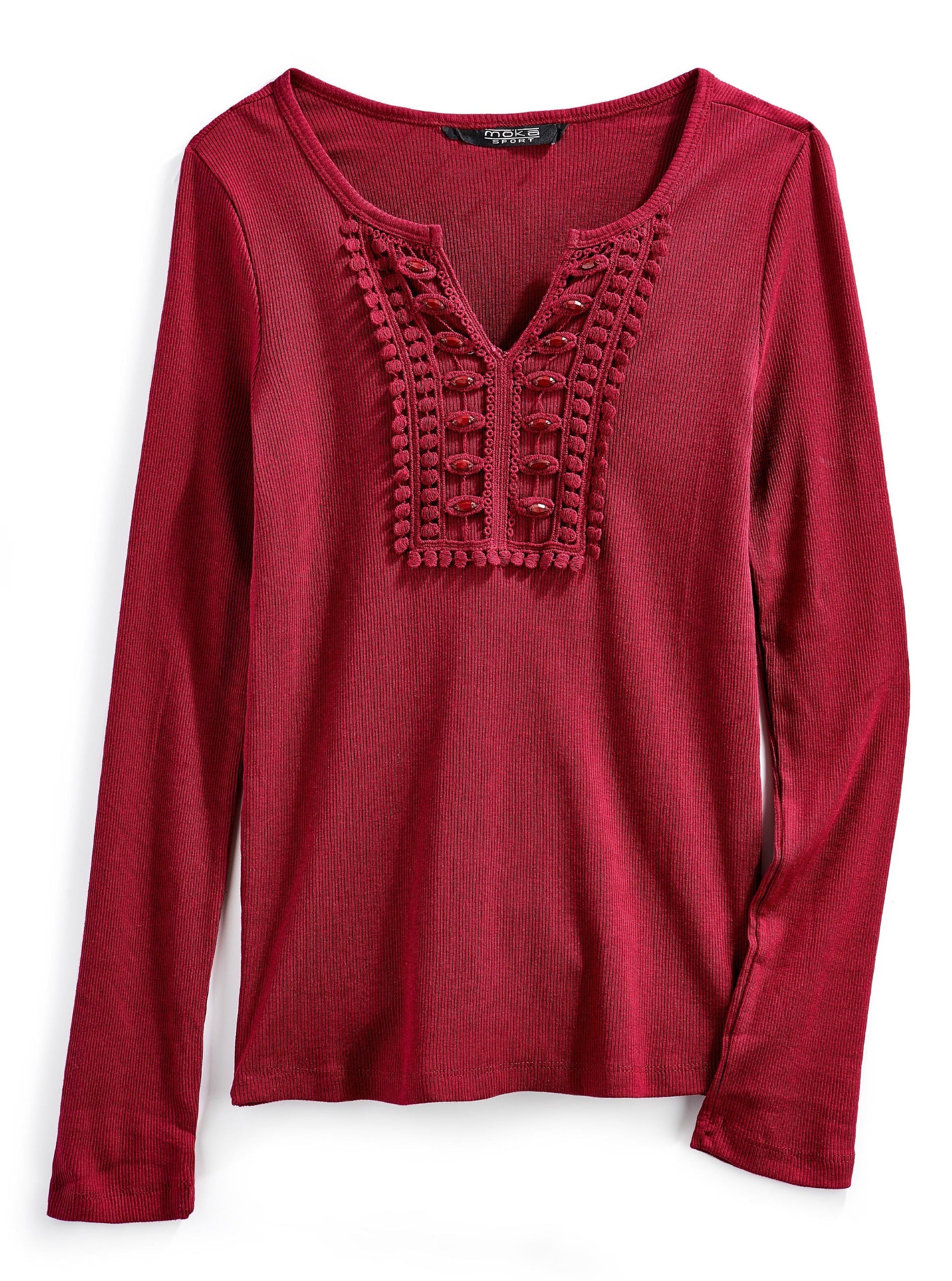 Women's Open Crochet And Jewel Trim V-Neck Knit Top in Cotton Rib Knit