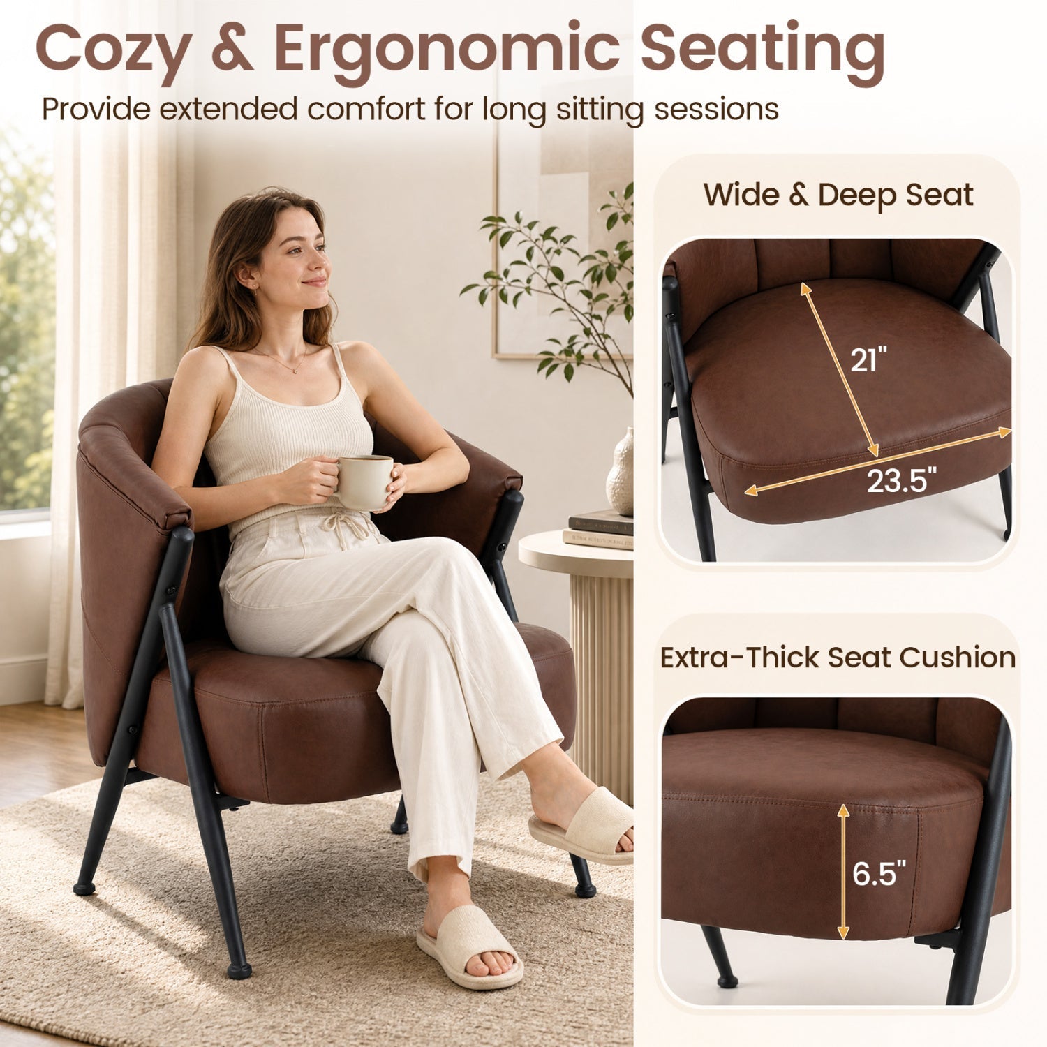 Mid Century Accent Chair with Curved Backrest - Brown