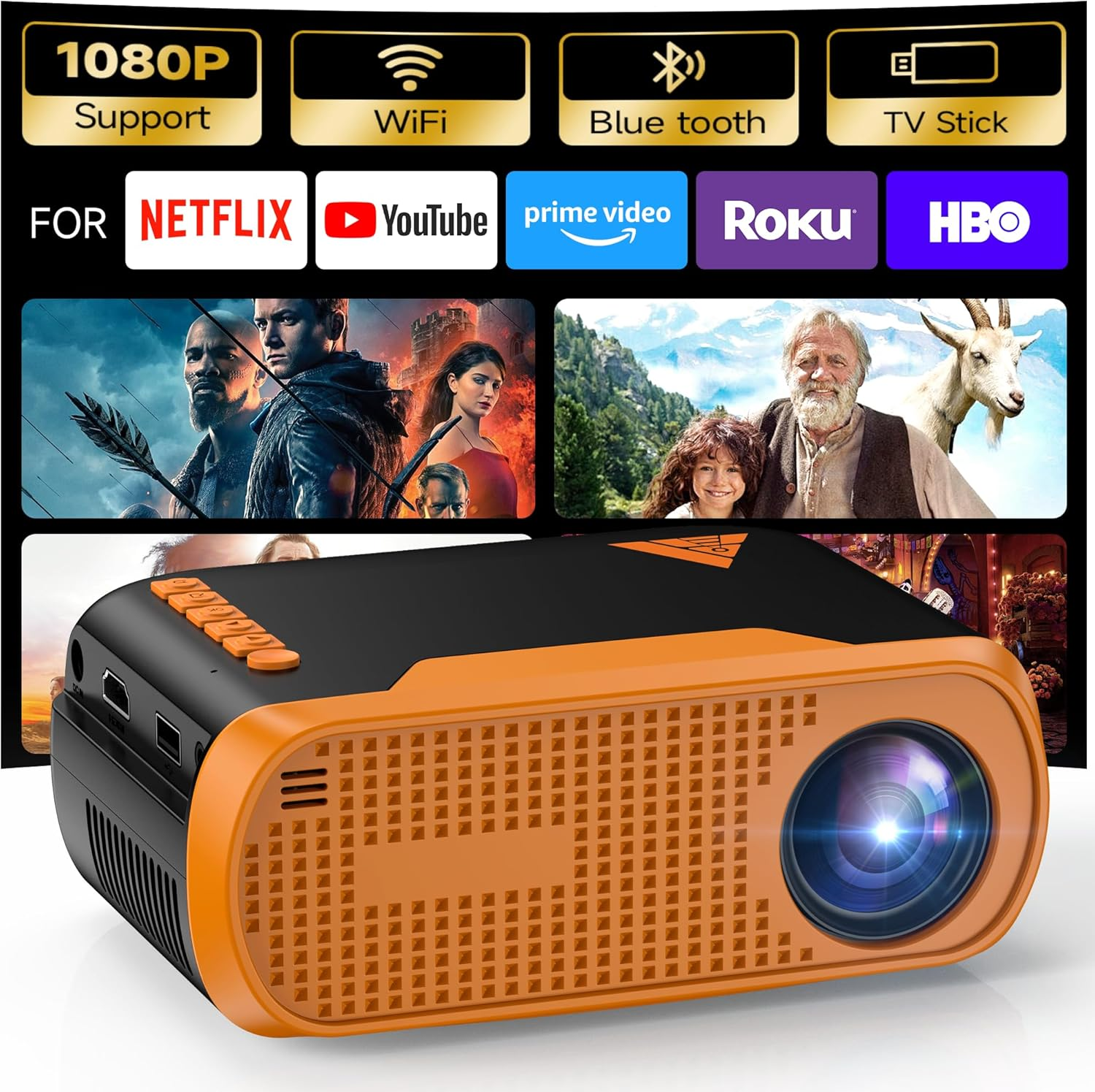 Mini Video Projector, Native 1080P Portable Movie Projector with Wifi Bluetooth, Compatible with Smart Phone, TV Stick, PS5, Laptop HDMI USB for Home Theater Indoor Outdoor Movies