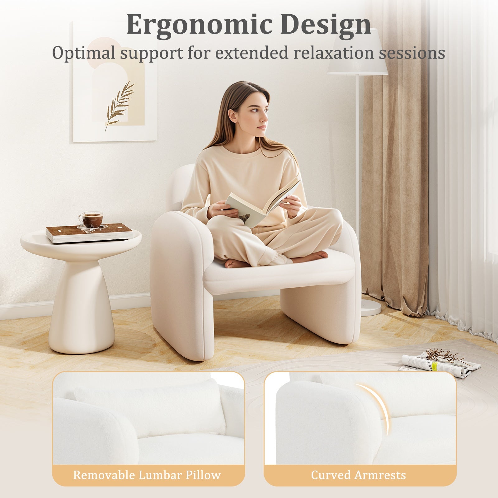Modern Accent Chair with Waist Pillow and Armrests for Living Room Bedroom-Beige