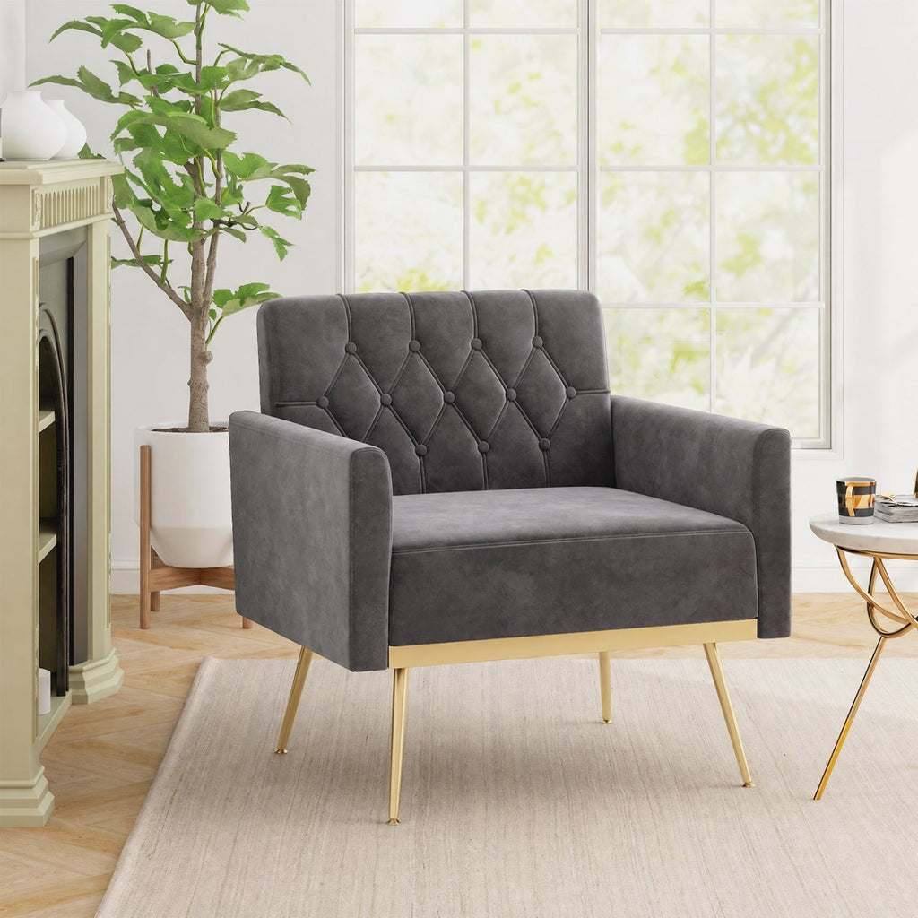 Modern Velvet Upholstered Accent Chair with Button-Tufted Back and Adjustable Feet