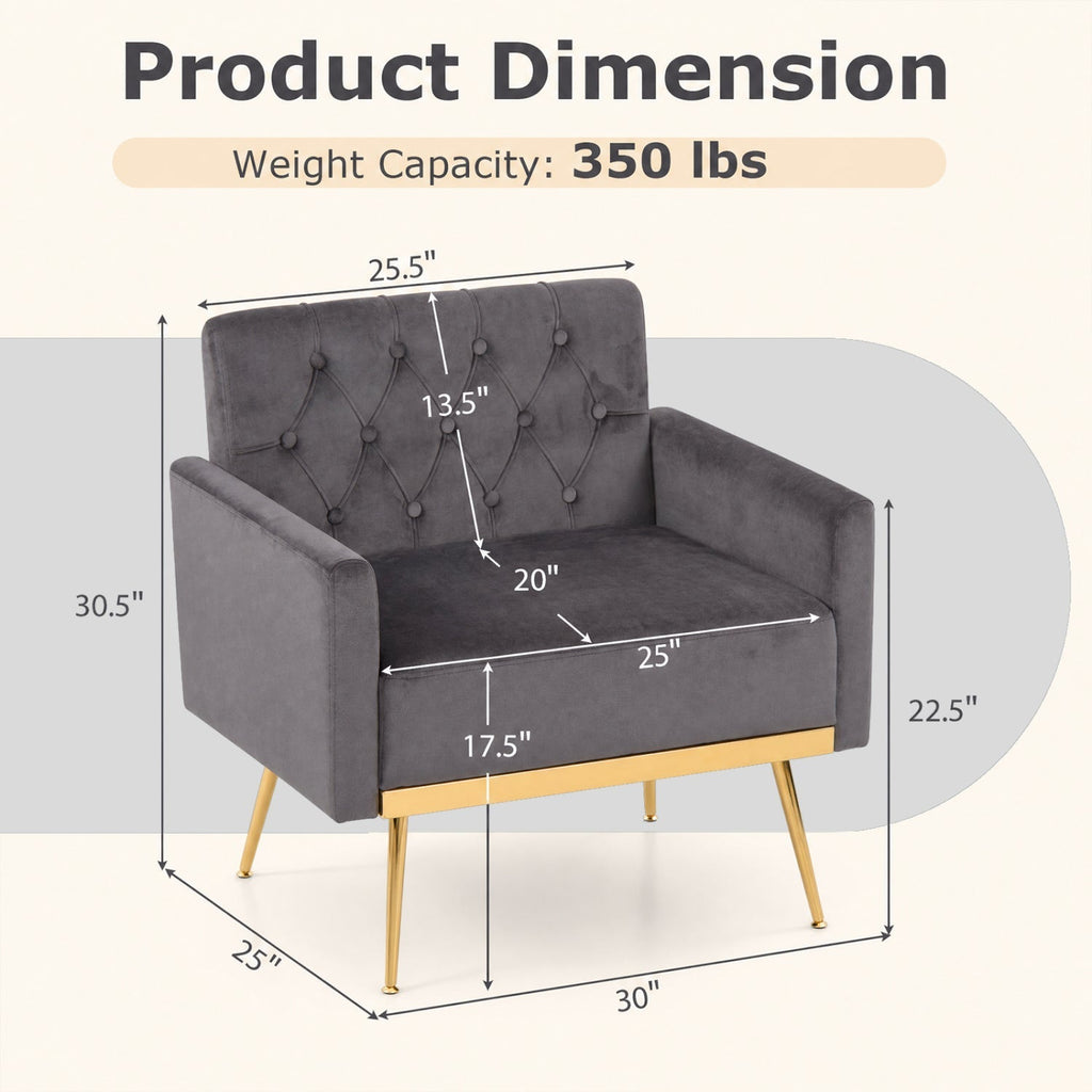 Modern Velvet Upholstered Accent Chair with Button-Tufted Back and Adjustable Feet