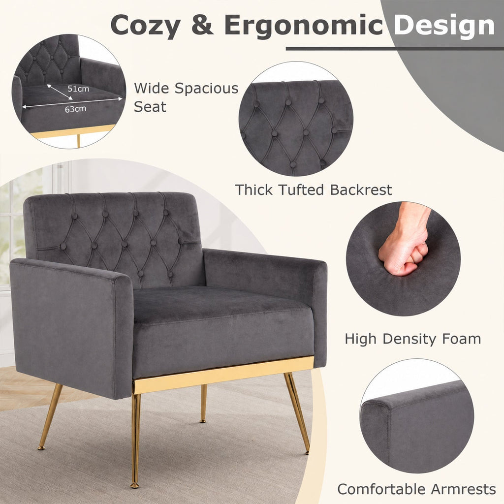 Modern Velvet Upholstered Accent Chair with Button-Tufted Back and Adjustable Feet