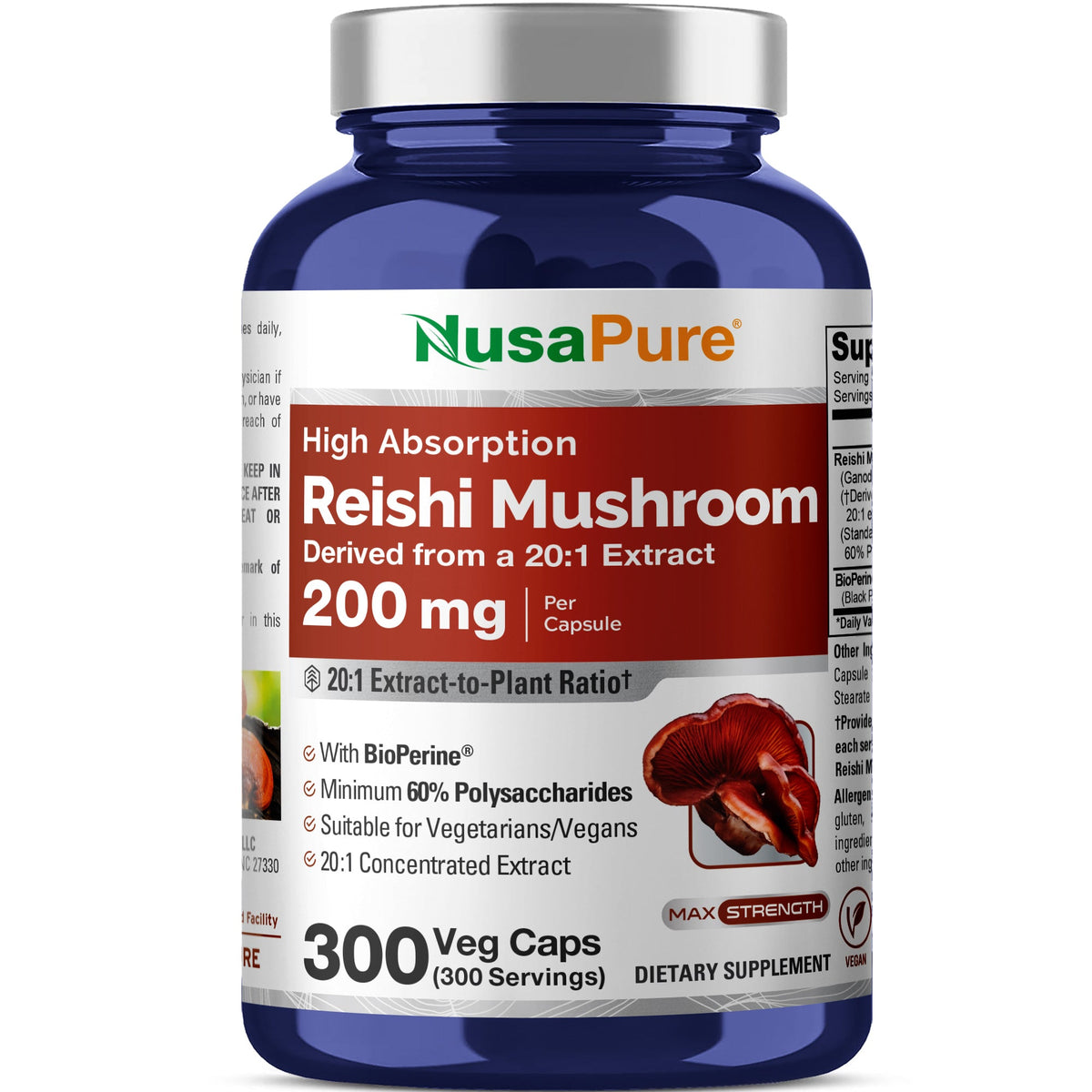 NusaPure Reishi Mushroom, Non-GMO, Vegan, 200mg, 300 Veg Capsules - 300 Servings