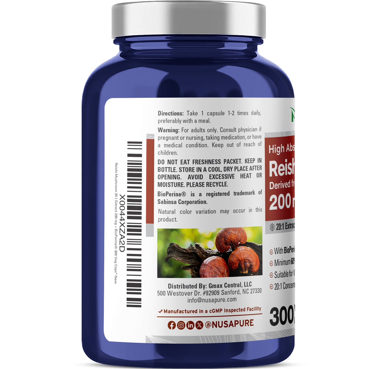 NusaPure Reishi Mushroom, Non-GMO, Vegan, 200mg, 300 Veg Capsules - 300 Servings