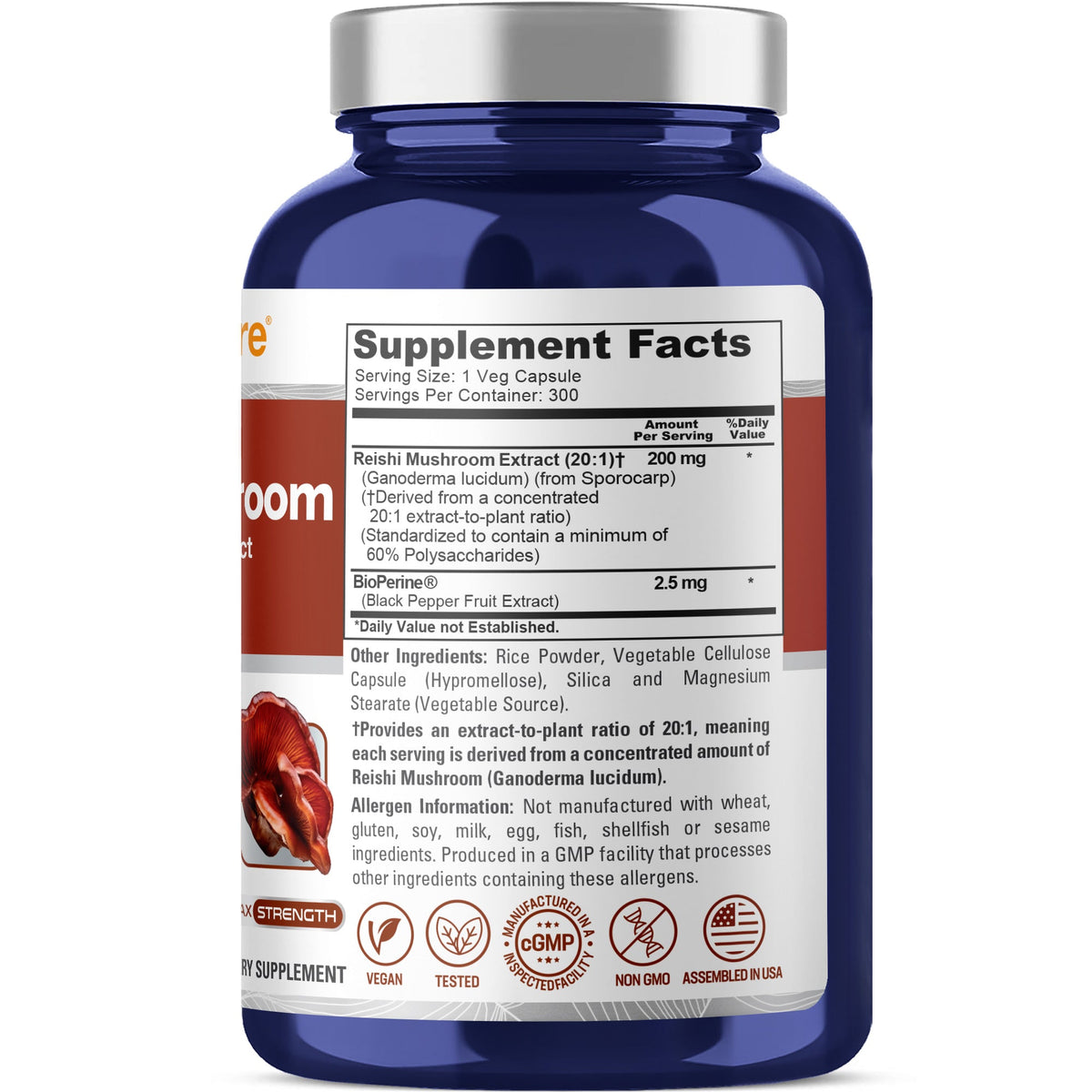 NusaPure Reishi Mushroom, Non-GMO, Vegan, 200mg, 300 Veg Capsules - 300 Servings