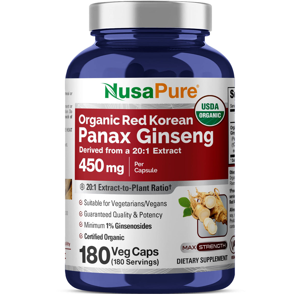 NusaPure Red Korean Panax Ginseng, Non-GMO, Vegan, 450mg, 180 Vcaps - 180 Servings