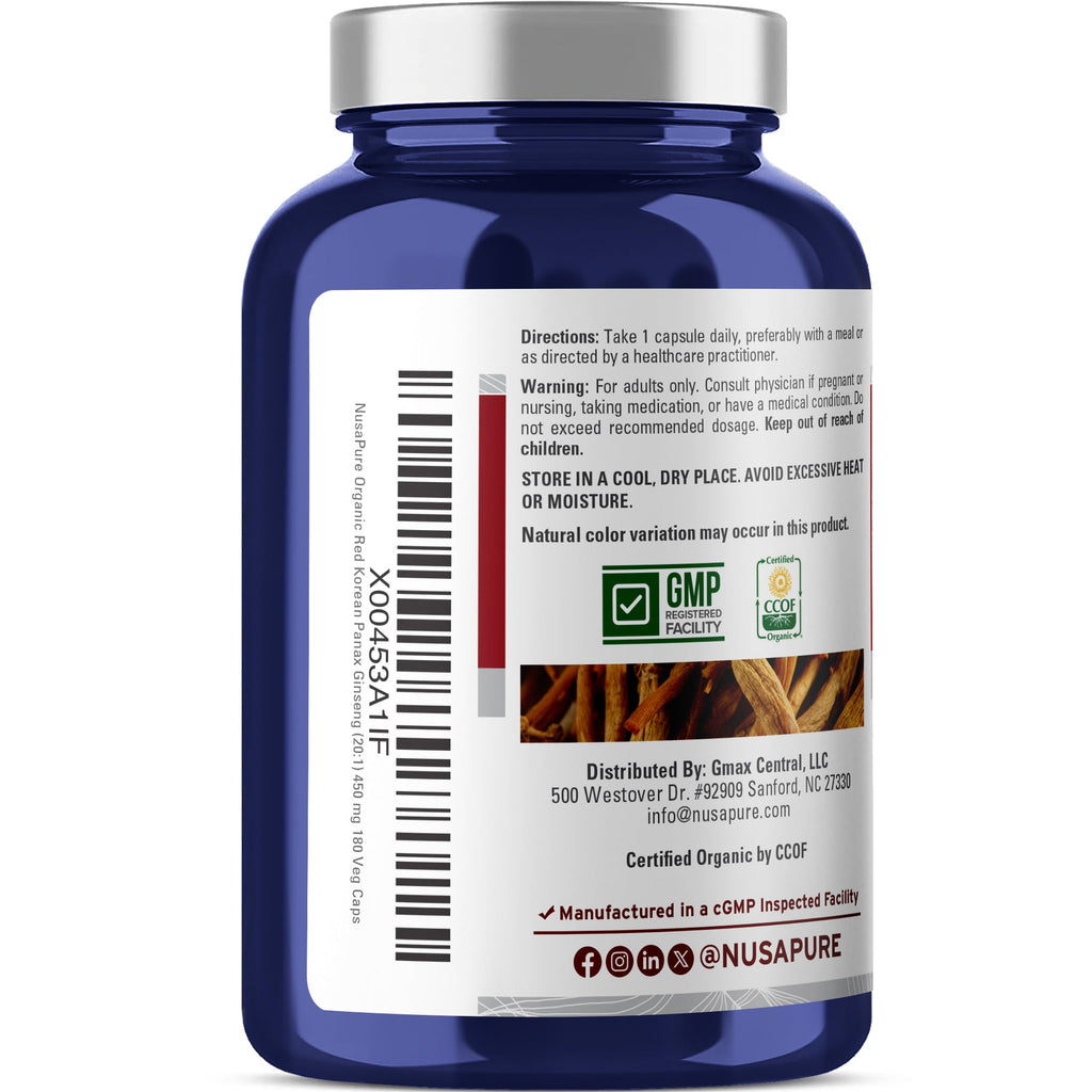 NusaPure Red Korean Panax Ginseng, Non-GMO, Vegan, 450mg, 180 Vcaps - 180 Servings