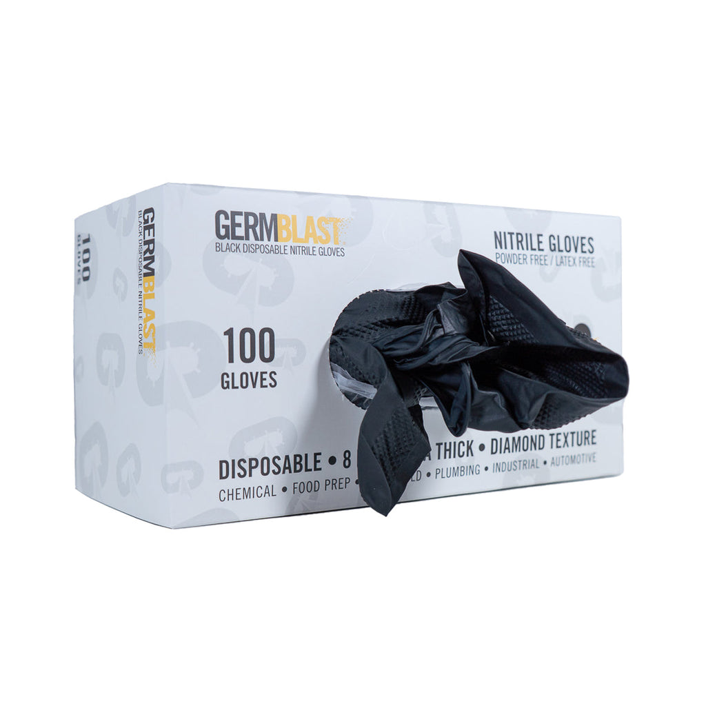 GermBlast Black Nitrile Disposable Gloves, 8 Mil Extra Thick, Diamond Texture, Powder Free, Latex Free, 100 Count