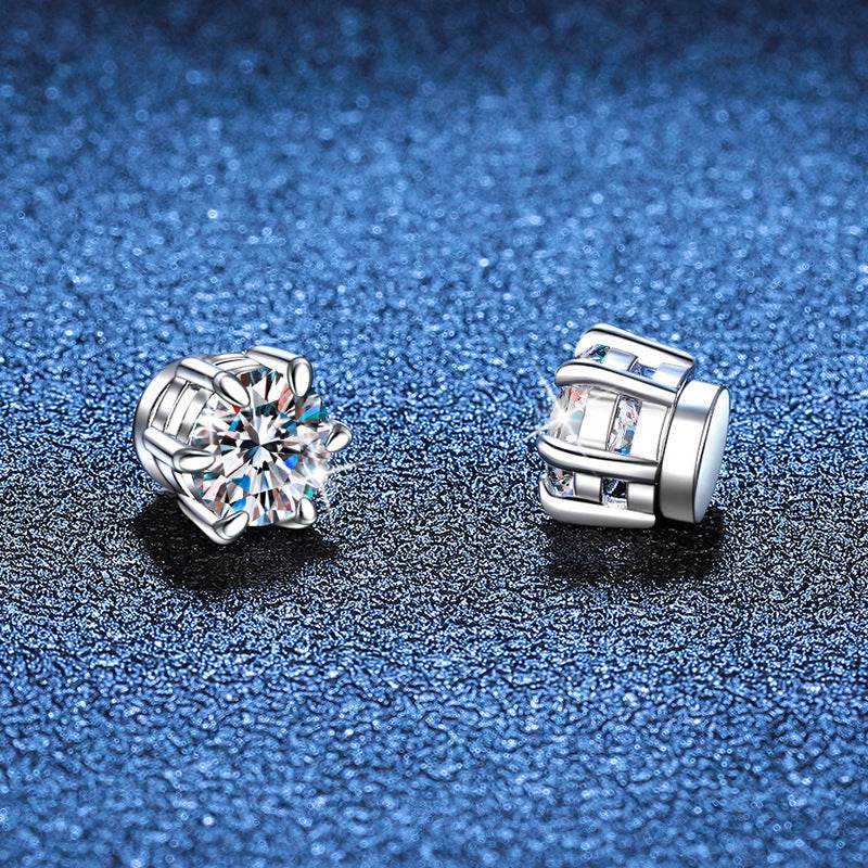 S925 Magnetic Moissanite / CZ Stud Earrings for Men Women, 1ct 6.5mm 6-Prong Round Cut, Inlaid Magnetic Earrings Non-Piercing Clip On Stud Earring