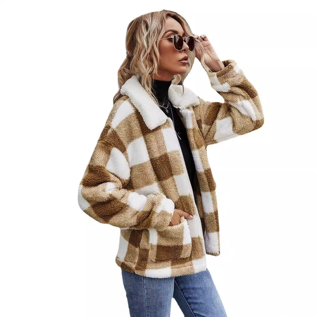 Women's Zipper Lapel Plush Plaid Loose Temperament Coats