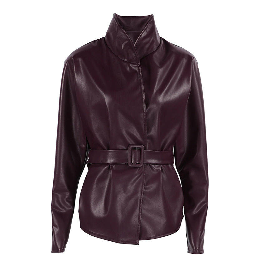 Retro Wine Red Autumn Winter Leather Coat Women Long Sleeve Stand Collar Belt Waist Tight Figure Flattering Leather Jacket