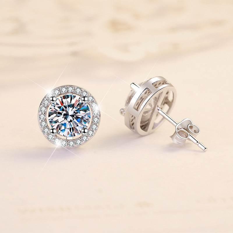 S925 Sakura Pink Moissanite Halo Stud Earrings, Sterling Silver D-Grade VVS Round-Cut Certificated Moissanite Jewelry for Men & Women, Simple & Stylish Gift for Wedding, Birthday, Anniversary