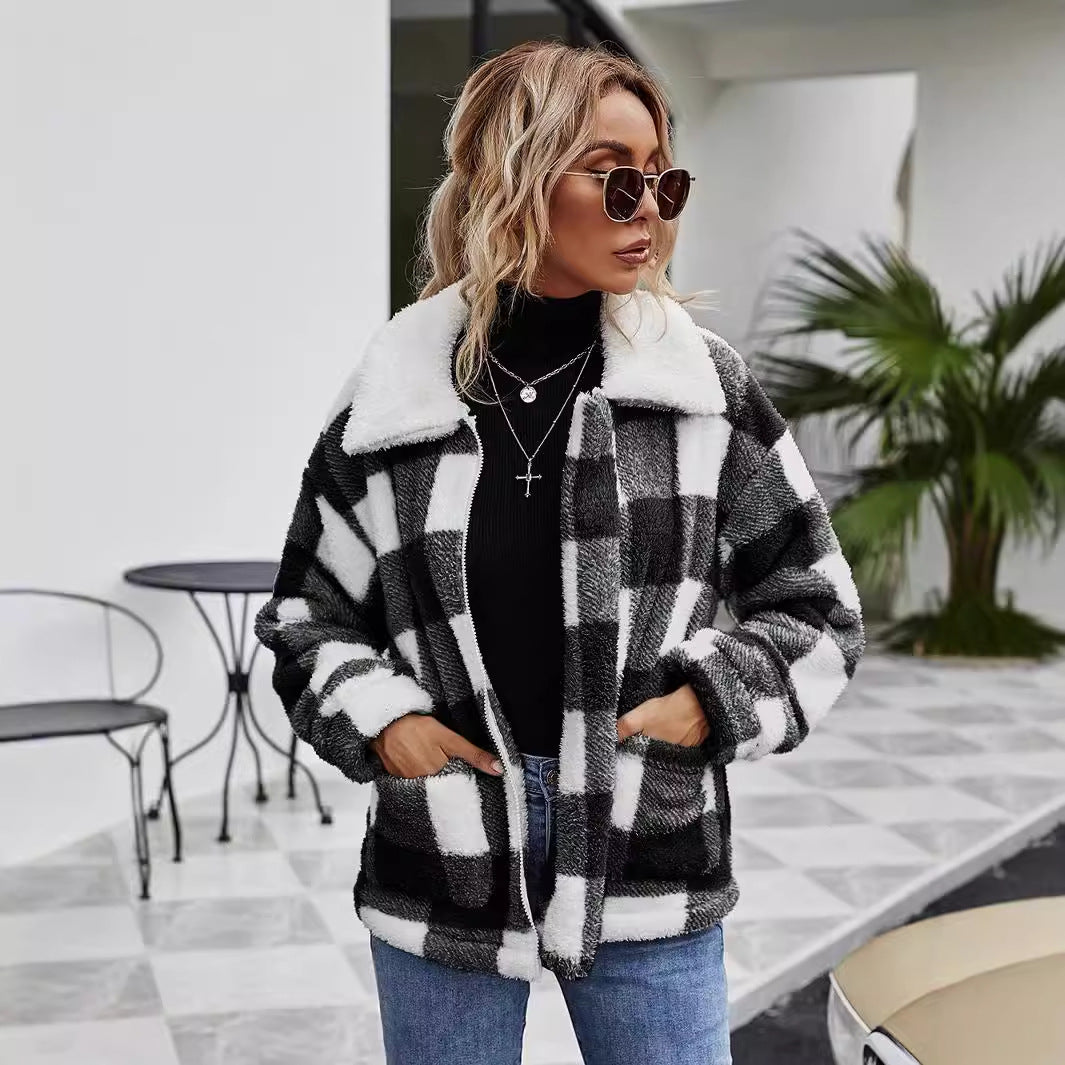 Women's Zipper Lapel Plush Plaid Loose Temperament Coats