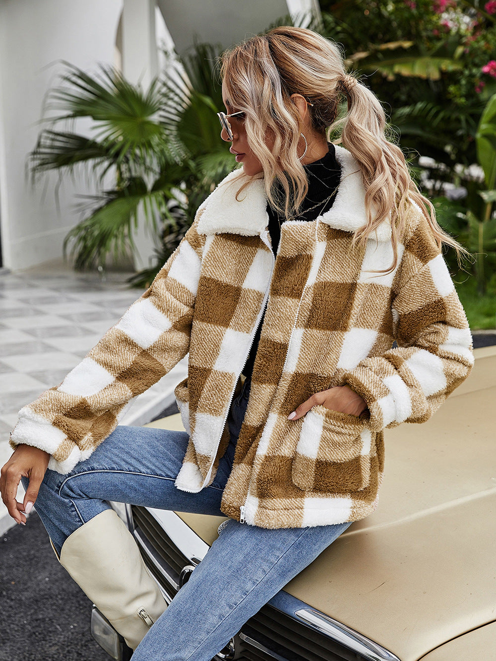 Women's Zipper Lapel Plush Plaid Loose Temperament Coats