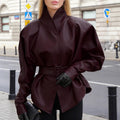 Retro Wine Red Autumn Winter Leather Coat Women Long Sleeve Stand Collar Belt Waist Tight Figure Flattering Leather Jacket