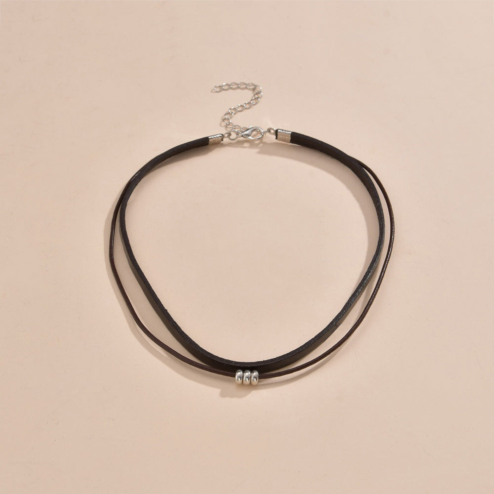 Leather Black Layered Beaded Velvet Choker Necklace