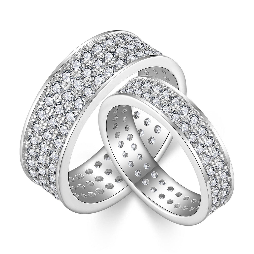 S925 Moissanite Matching Couple Eternity Bands Wedding Rings, Two-Row 1ct & Three-Row 1.8ct, D-Grade VVS, 18K White Gold Plated Unisex Rings