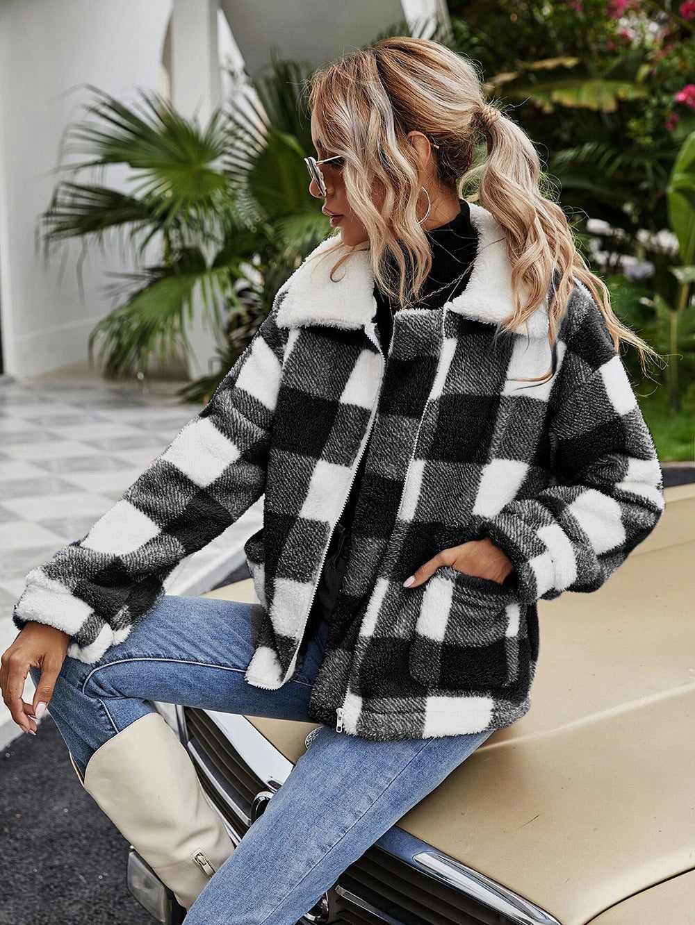Women's Zipper Lapel Plush Plaid Loose Temperament Coats