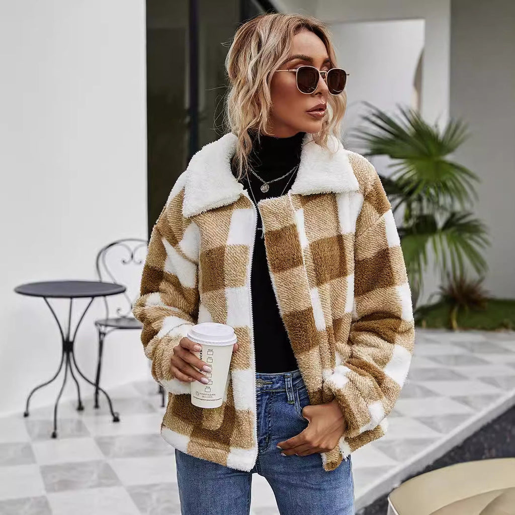 Women's Zipper Lapel Plush Plaid Loose Temperament Coats