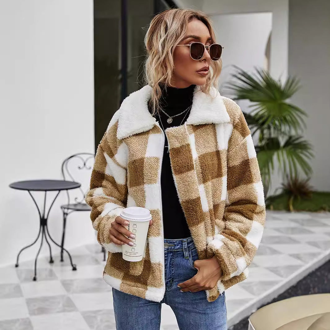Women's Zipper Lapel Plush Plaid Loose Temperament Coats