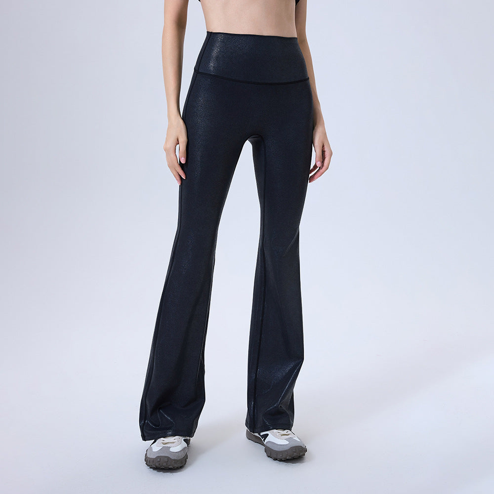 High Waist Faux Leather Sports Bell Bottom Pants Seamless Anti Hemmed Trousers Women Running Thin Fitness Pants Yoga Pants