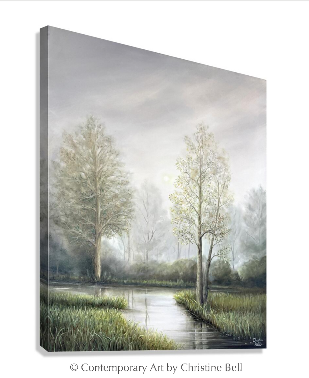 "Silent Solitude" GICLÉE PRINT Landscape Oil Painting, Misty Trees, Meadow, Stream