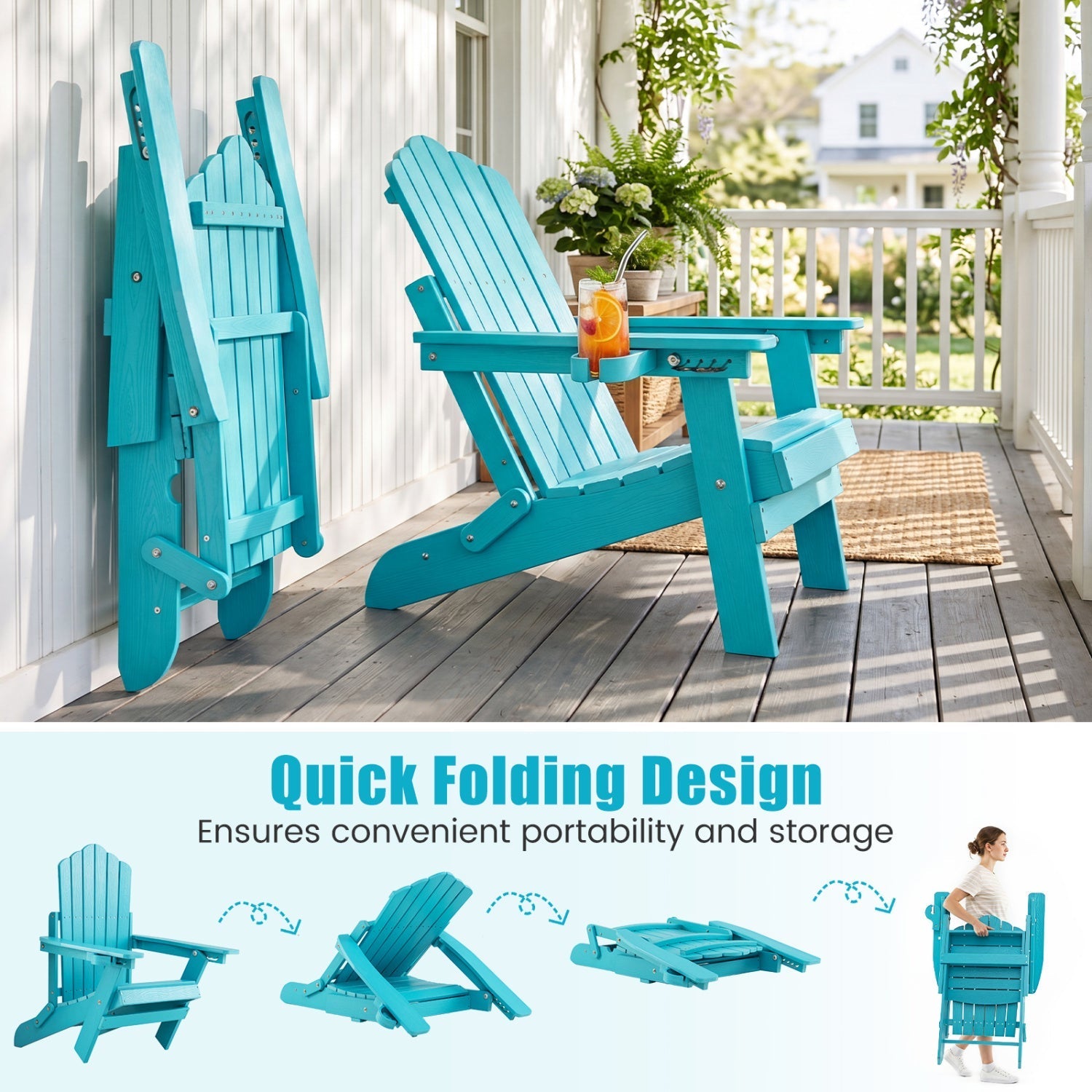 Folding Adirondack Chair with Adjustable Backrest & Cup Holder