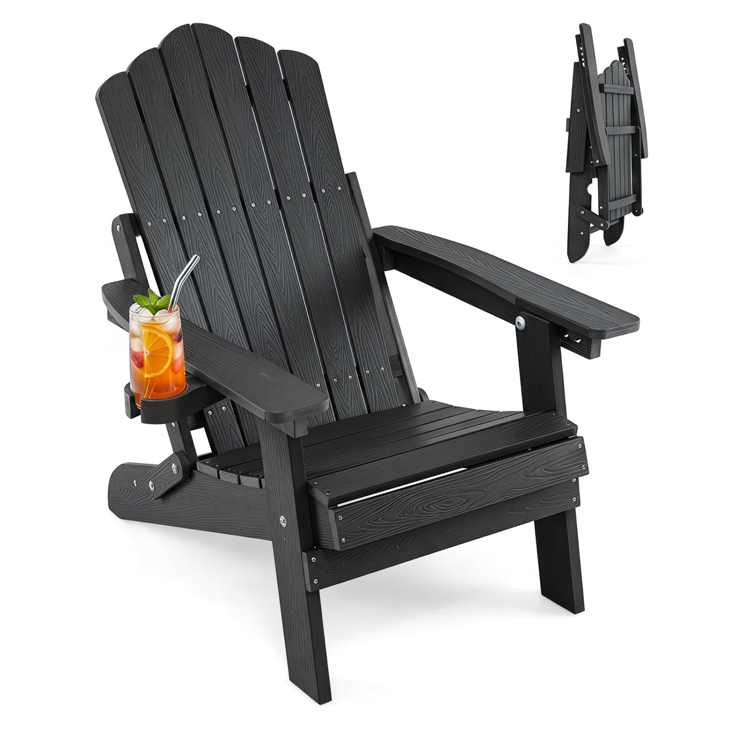Folding Adirondack Chair with Adjustable Backrest & Cup Holder