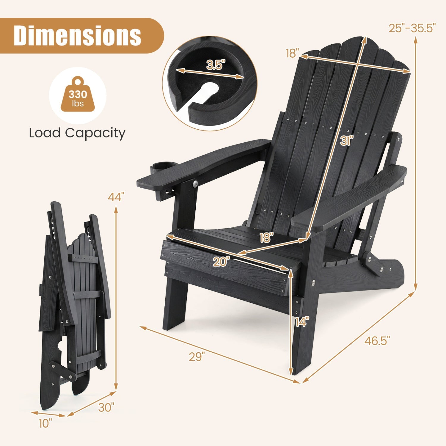 Folding Adirondack Chair with Adjustable Backrest & Cup Holder