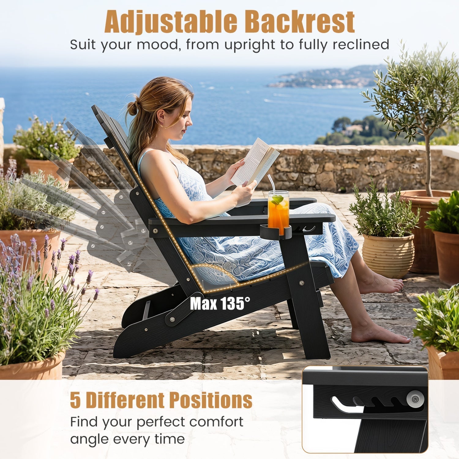 Folding Adirondack Chair with Adjustable Backrest & Cup Holder