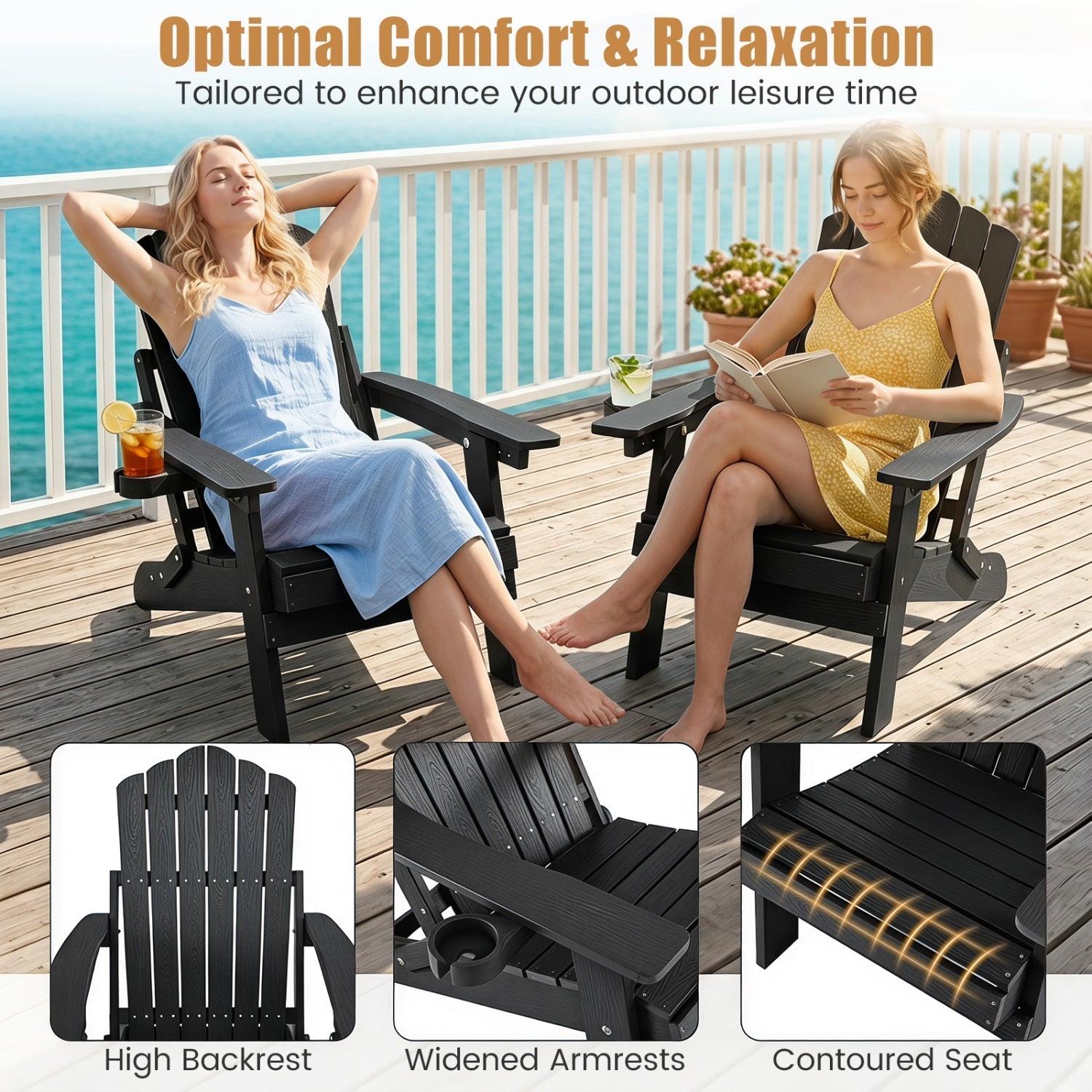 Folding Adirondack Chair with Adjustable Backrest & Cup Holder