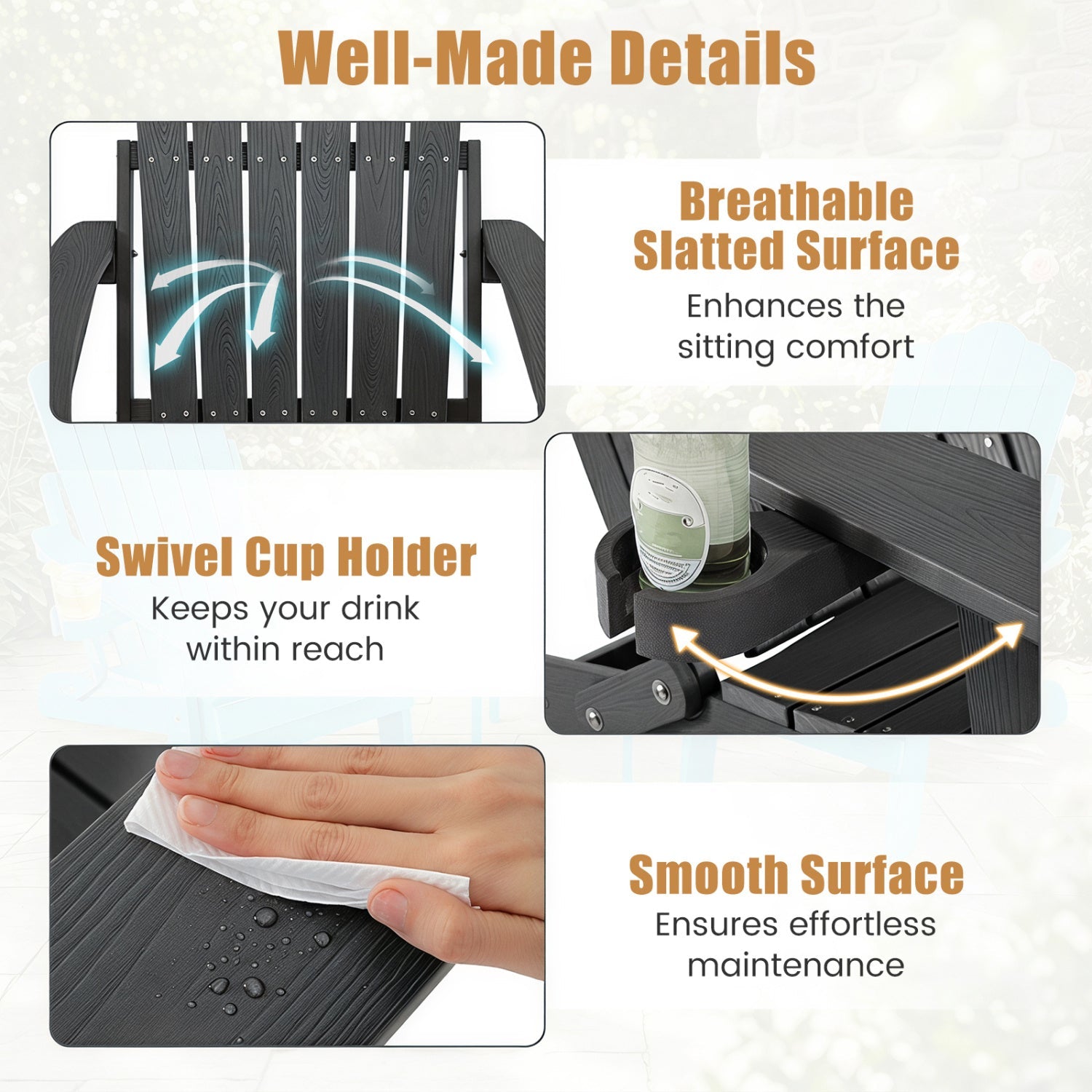Folding Adirondack Chair with Adjustable Backrest & Cup Holder