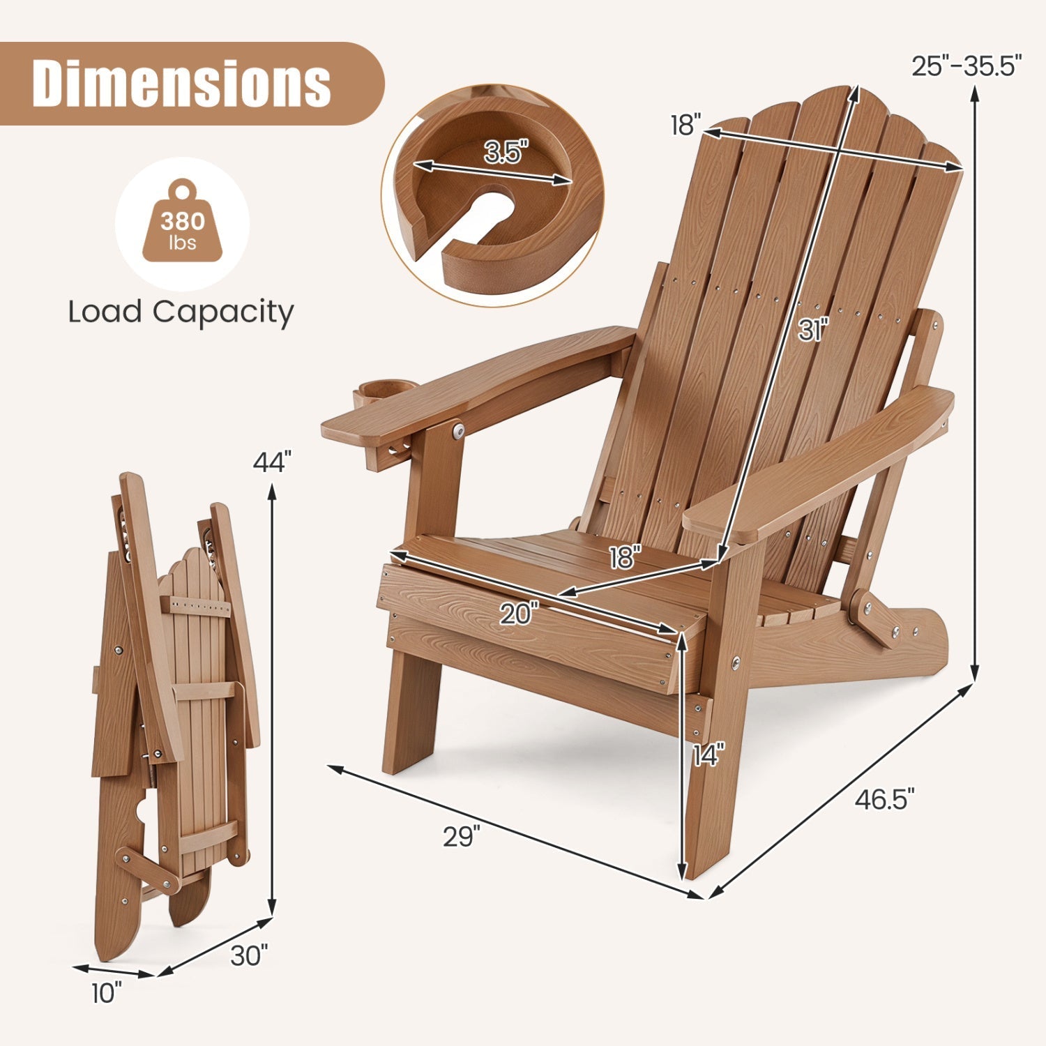 Folding Adirondack Chair with Adjustable Backrest & Cup Holder