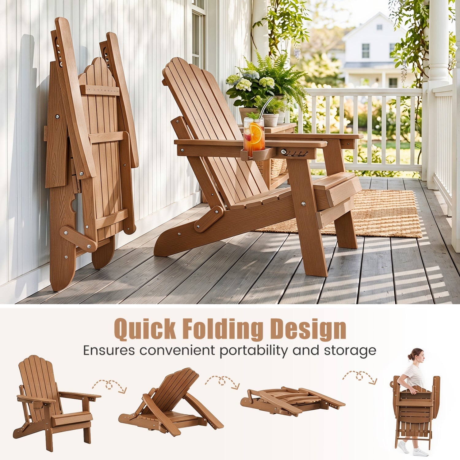Folding Adirondack Chair with Adjustable Backrest & Cup Holder