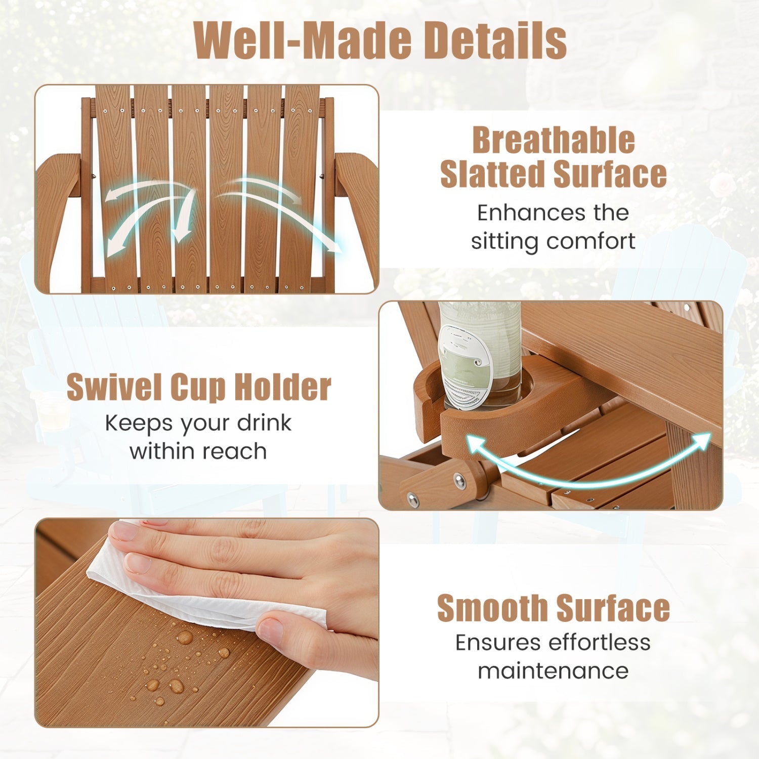 Folding Adirondack Chair with Adjustable Backrest & Cup Holder