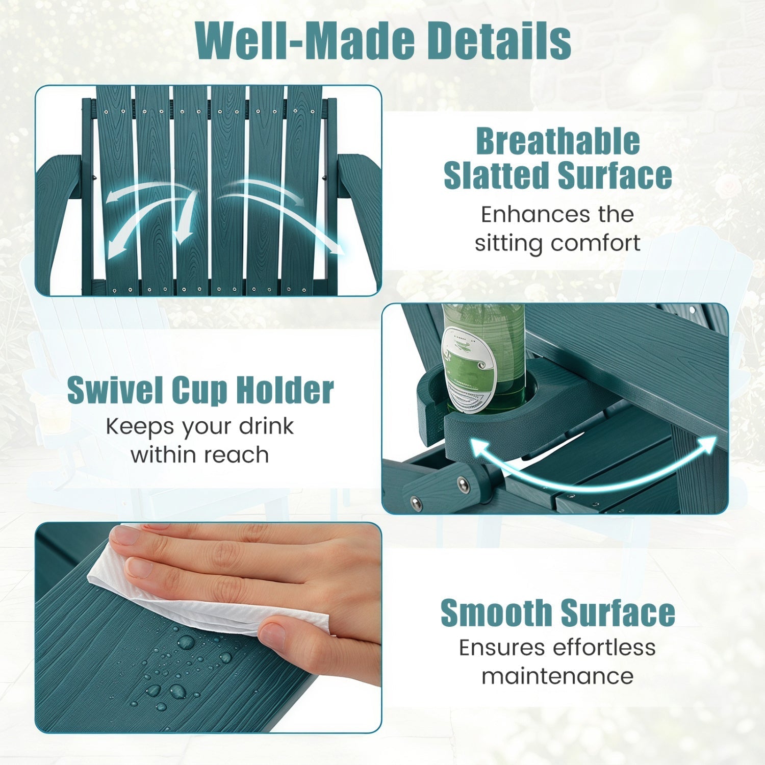 Folding Adirondack Chair with Adjustable Backrest & Cup Holder