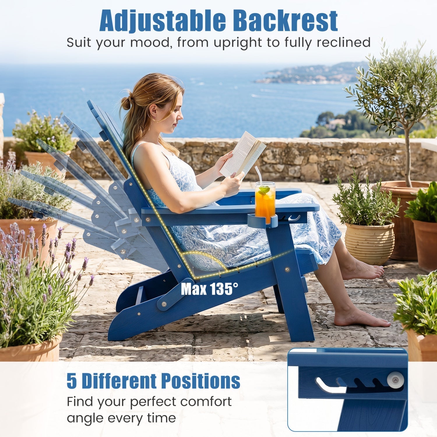 Folding Adirondack Chair with Adjustable Backrest & Cup Holder