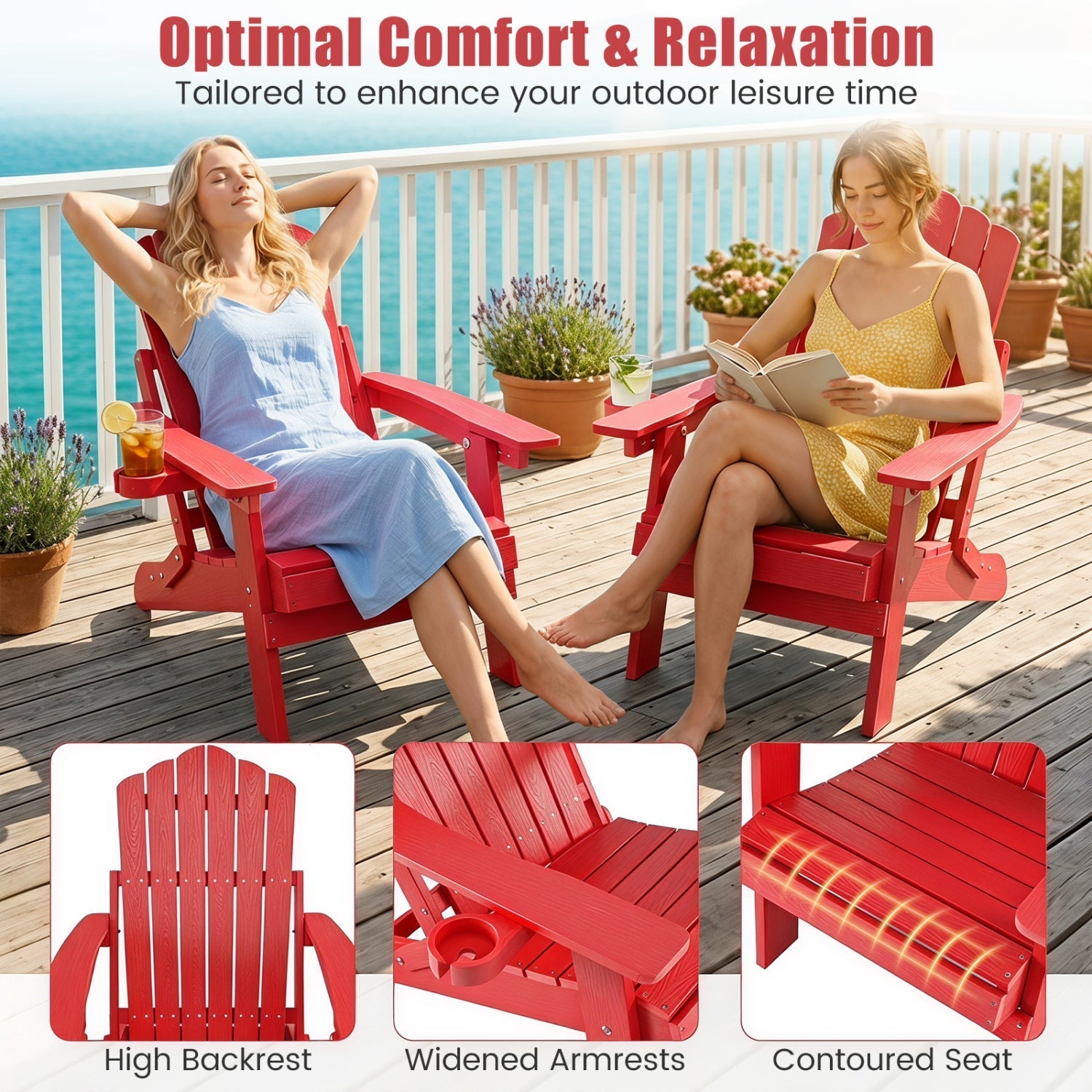 Folding Adirondack Chair with Adjustable Backrest & Cup Holder