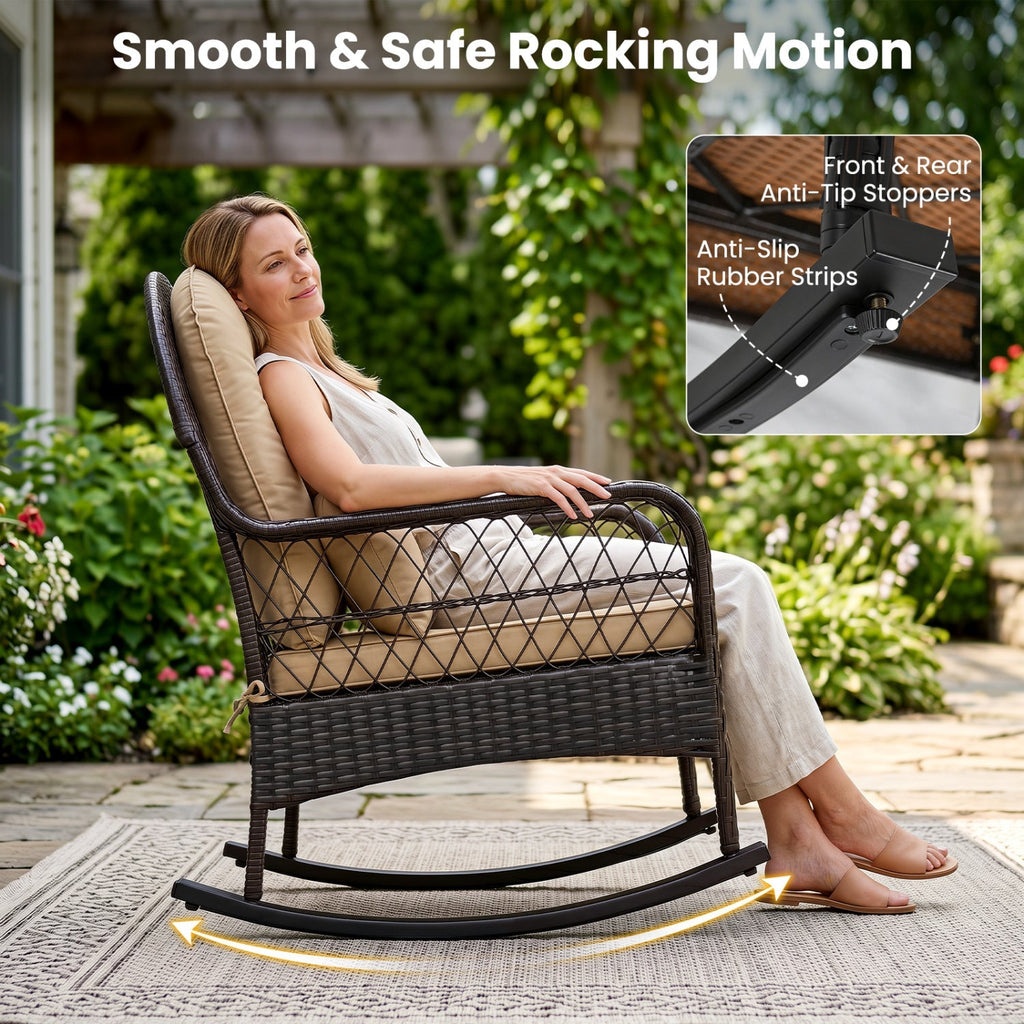 Outdoor Wicker Rocking Chair with Cushions - 400 LBS Capacity