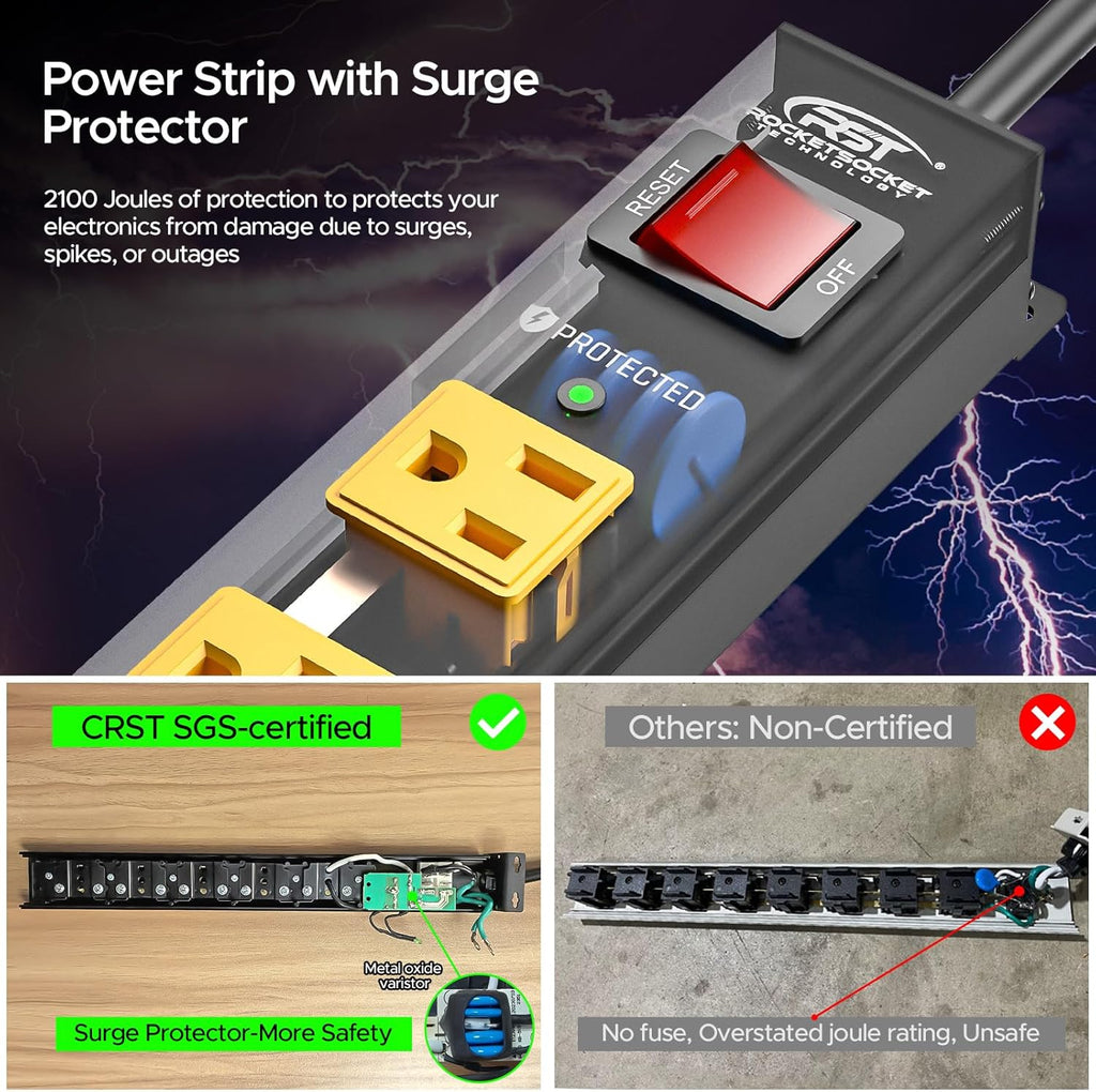 CRST 2 Pack 8 Outlet Metal Heavy Duty Power Strip  2100J Surge Protector 15A 1875W Mountable Wide Spaced Power Bar 6FT Flat Plug Extension Cord