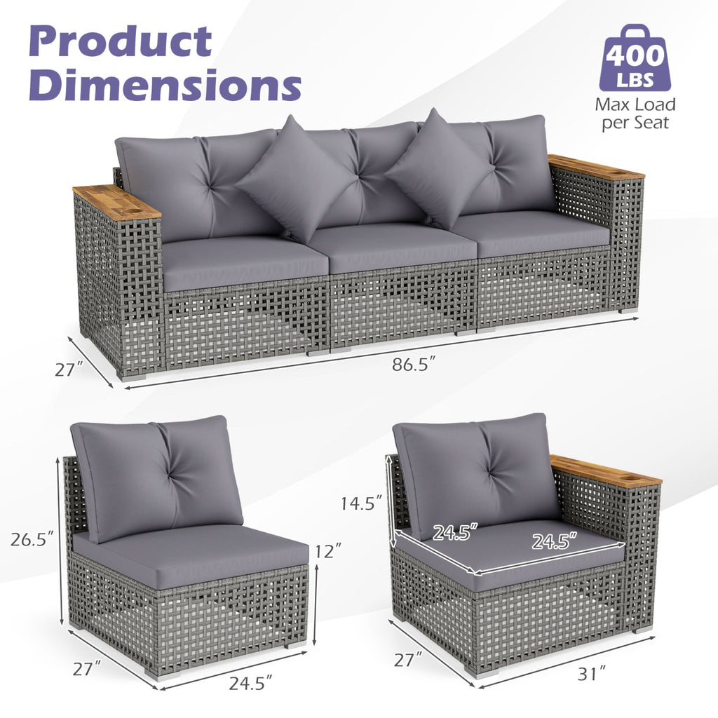 Patio Wicker Sectional Furniture Set with 1 Armless and 2 Corner Sofas for Garden