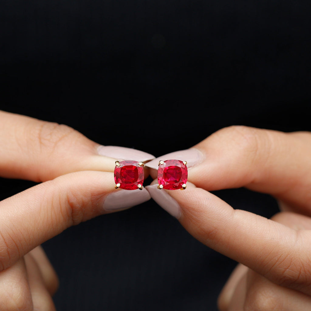8MM Cushion Cut Created Ruby Solitaire Stud Earrings