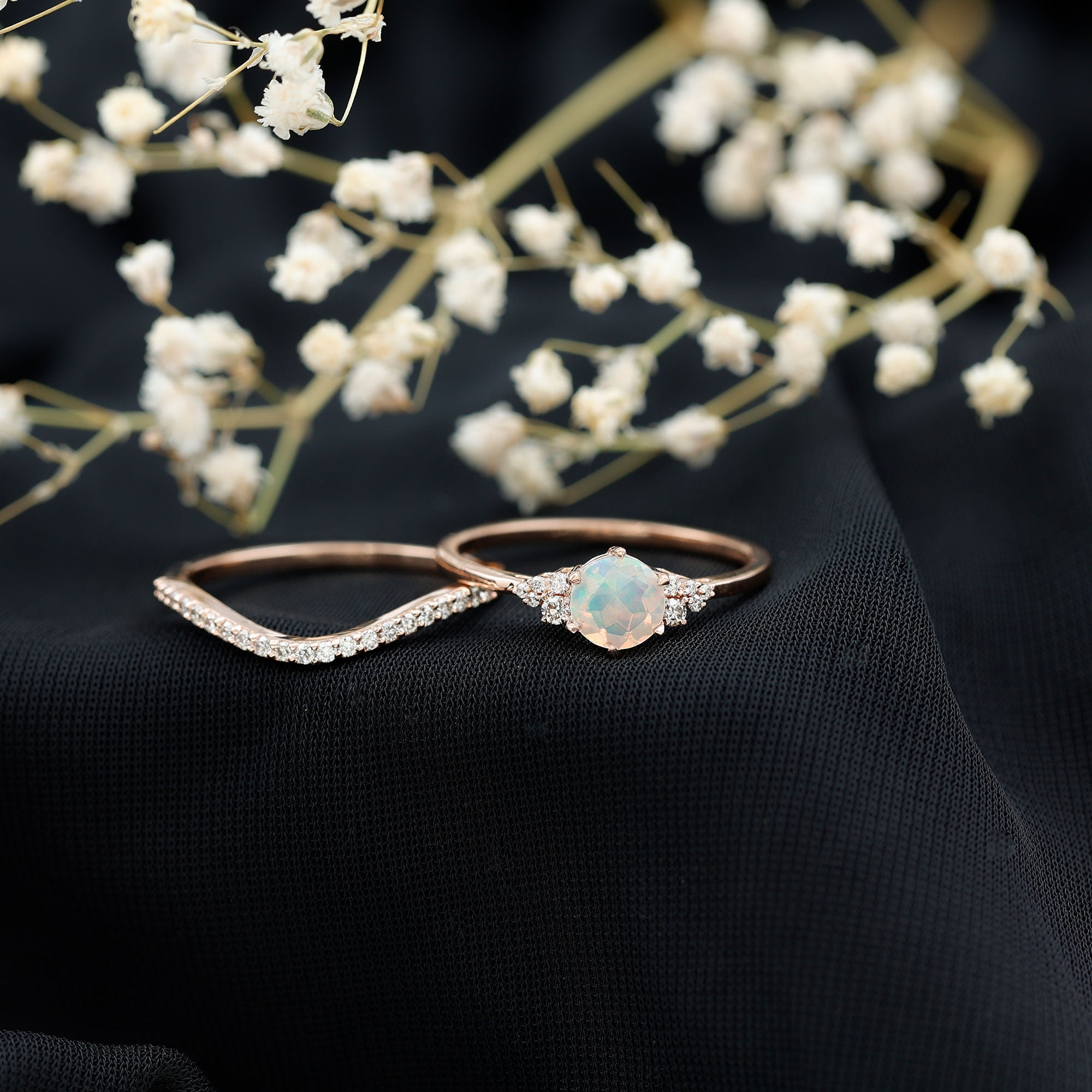 Natural Ethiopian Opal Diamond Wedding Bridal Ring Set of 2