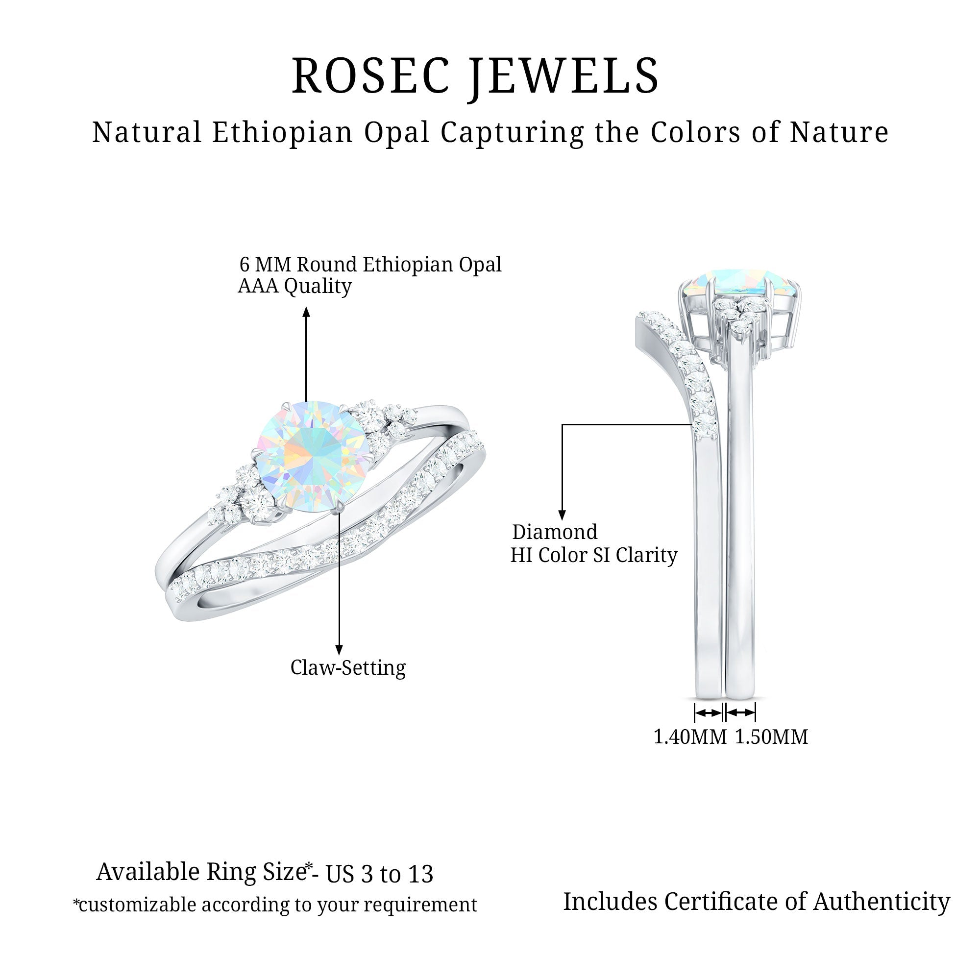 Natural Ethiopian Opal Diamond Wedding Bridal Ring Set of 2