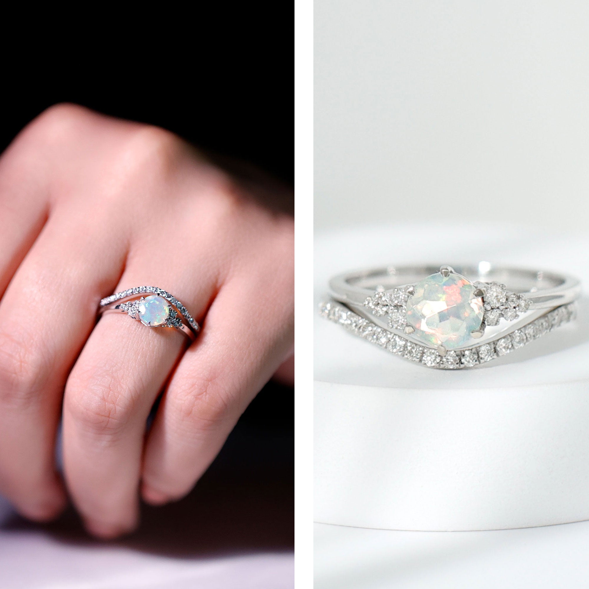 Natural Ethiopian Opal Diamond Wedding Bridal Ring Set of 2